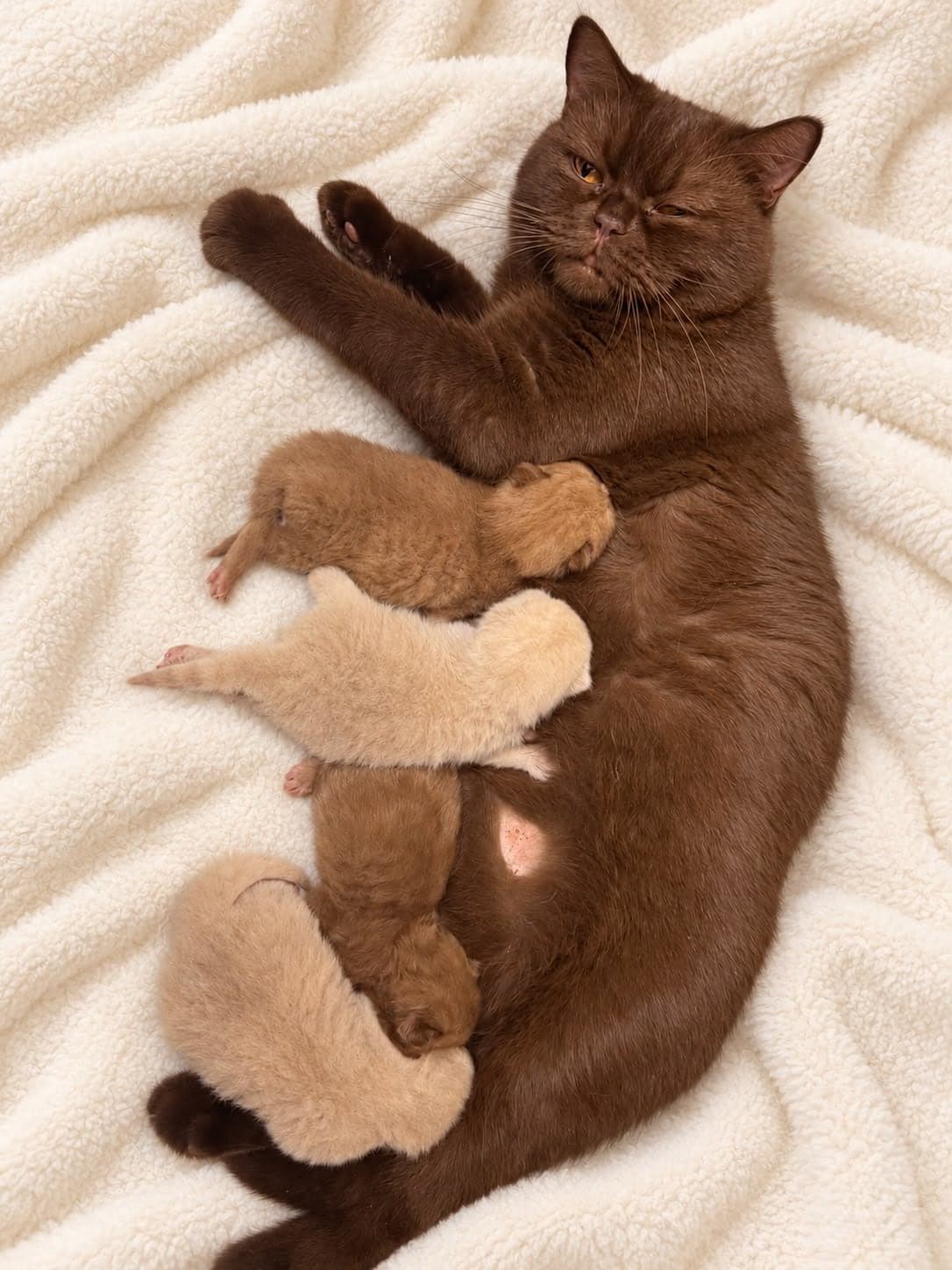 A pale newborn kitten asleep beside a darker littermate — open larger